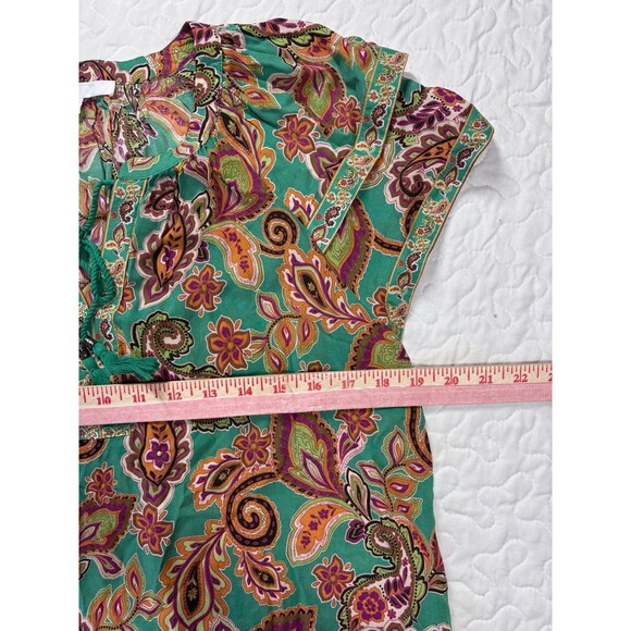 DR2 Green Paisley Floral Print Drawstring Short Sleeve Blouse size medium - Picture 3 of 5